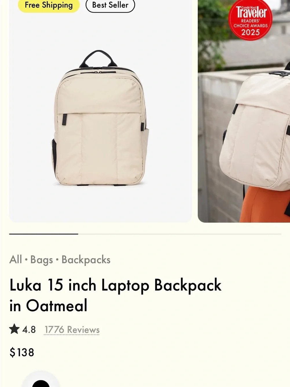 Luka 15 inch Laptop Backpack in Oatmeal Travel Bag